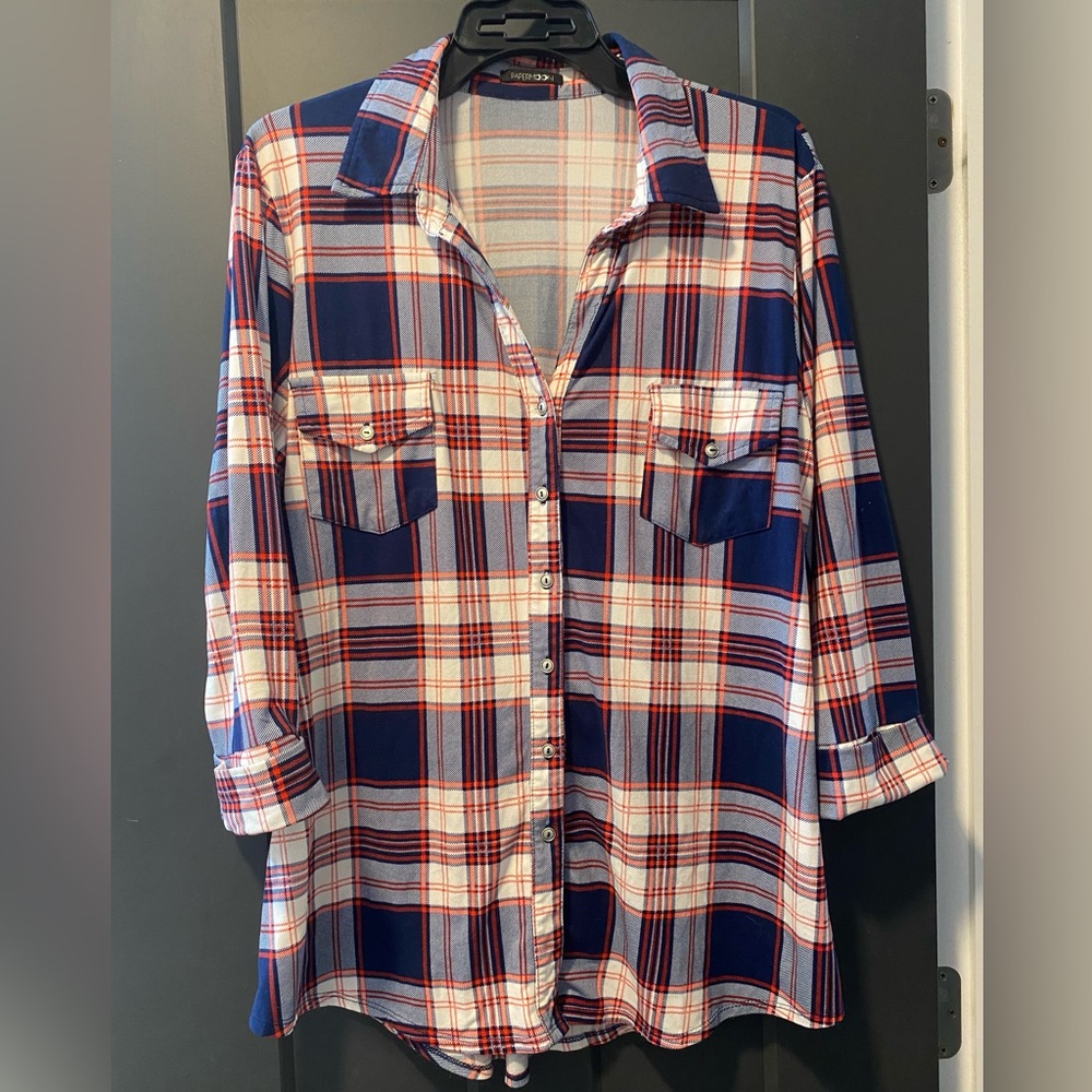 Blue and Red Plaid Button-Up Shirt by Papermoon. Women’s size 1X